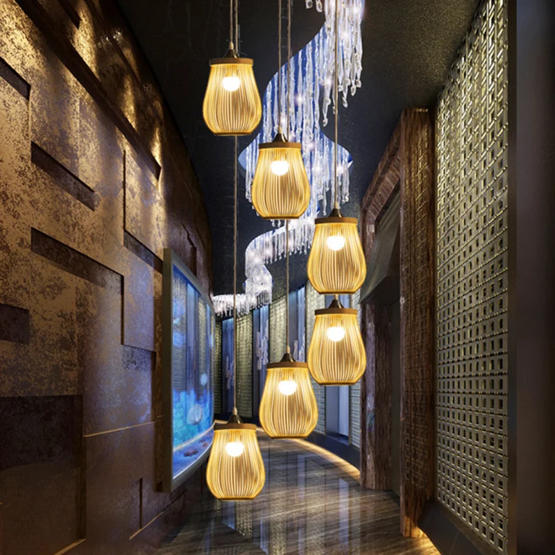 Bamboe peervormige multi-lichthanger moderne houten hangende verlichting voor trappenhuis Clearhalo