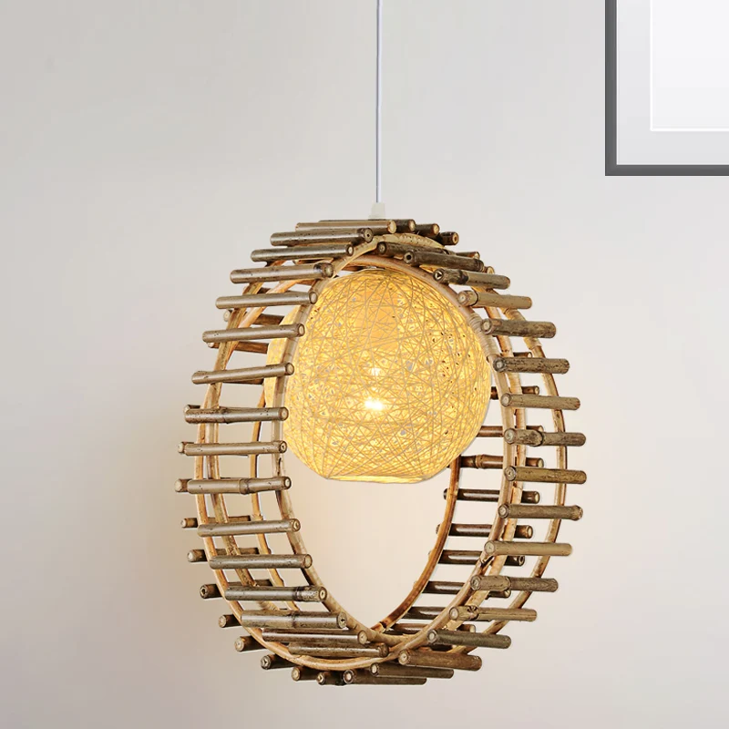 Bamboe ronde ophanging, hedendaagse 1-kops beige hangende plafondlamp Clearhalo