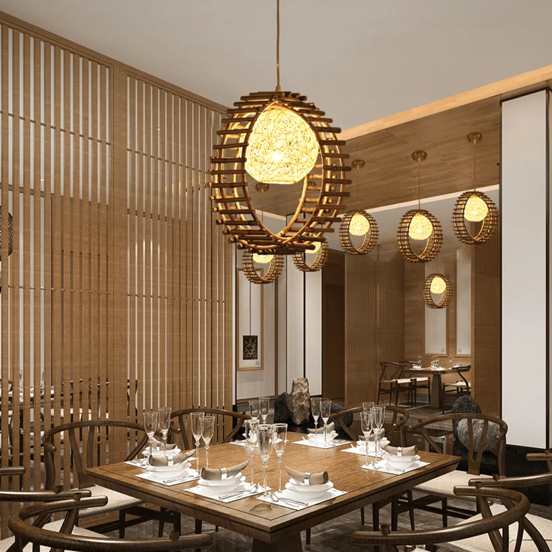 Bamboe ronde ophanging, hedendaagse 1-kops beige hangende plafondlamp Clearhalo