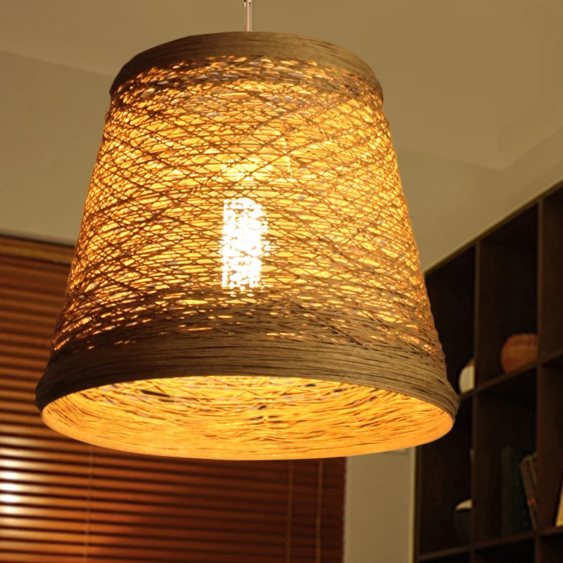 Bamboe Rotan Emmer Hanglamp Landelijk Enkele Vlassen Hanglamp Kit voor Restaurant Clearhalo