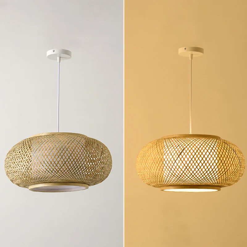 Bamboe en rotan weeftrommel hangende lichte hanglamp Aziatische stijl met 1 lichtaccent beige Clearhalo