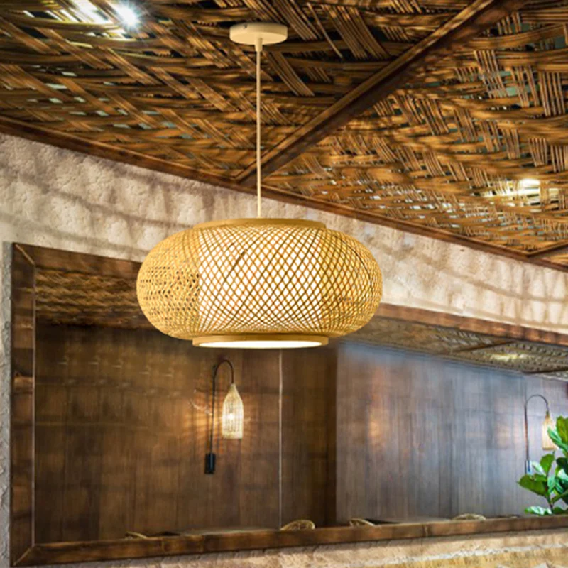 Bamboe en rotan weeftrommel hangende lichte hanglamp Aziatische stijl met 1 lichtaccent beige Clearhalo