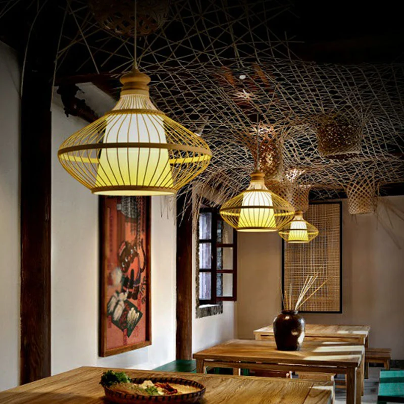 Bamboe symmetrische hanglamp Eenvoud 1-lichts houten hanglamp voor slaapkamer Clearhalo