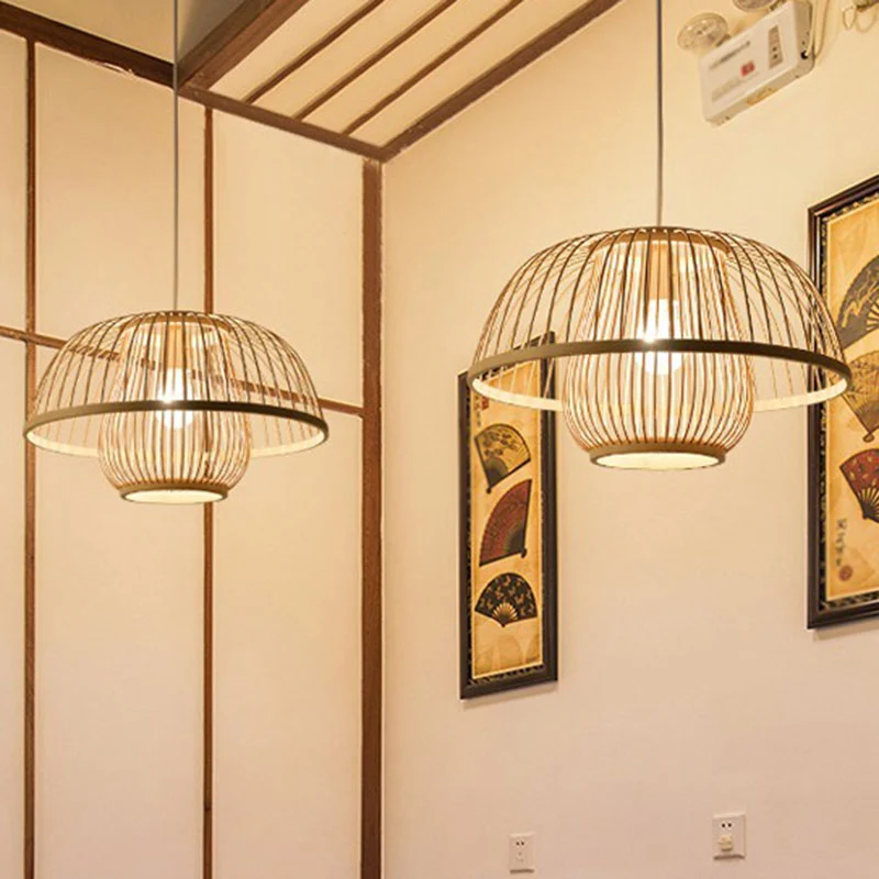 Bamboe symmetrische hanglamp Eenvoud 1-lichts houten hanglamp voor slaapkamer Clearhalo
