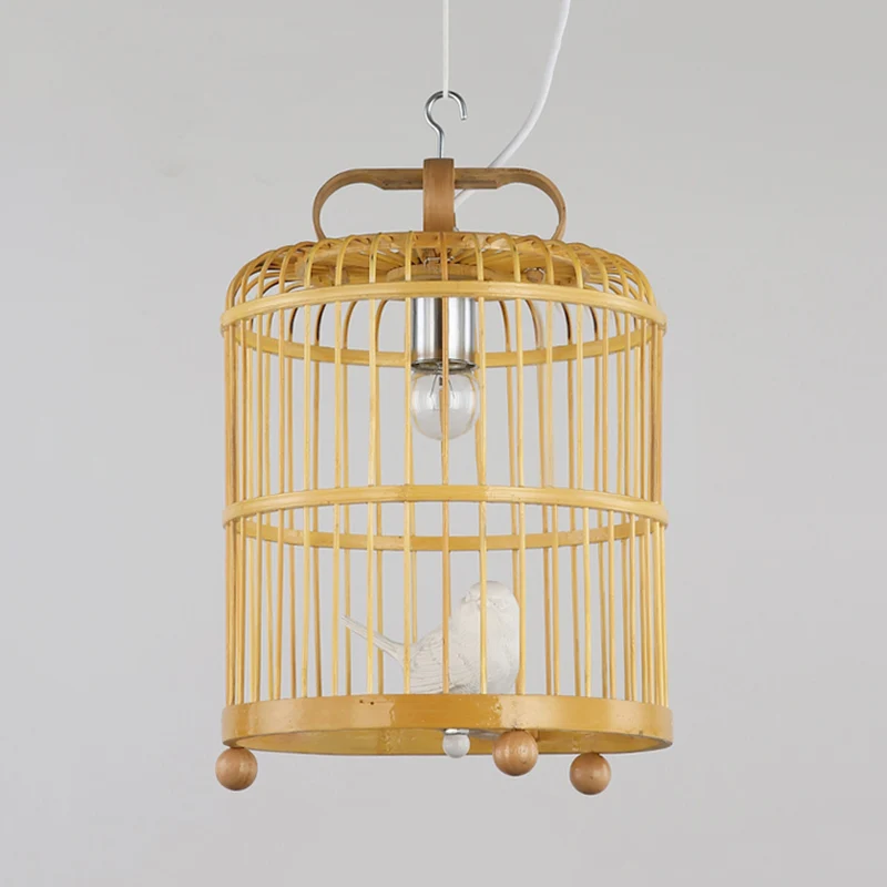 Bamboe Vogelkooi Schaduw Hanglamp met Vogelaccent Chinese Stijl 1 Kop Beige Hanglamp, 8"/10" Breedte Clearhalo