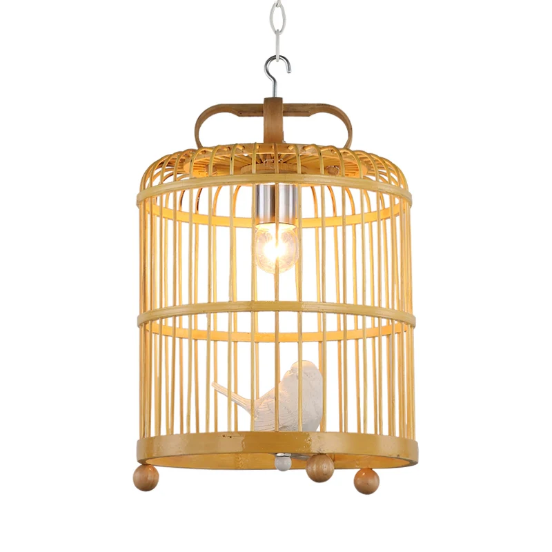 Bamboe Vogelkooi Schaduw Hanglamp met Vogelaccent Chinese Stijl 1 Kop Beige Hanglamp, 8"/10" Breedte Clearhalo
