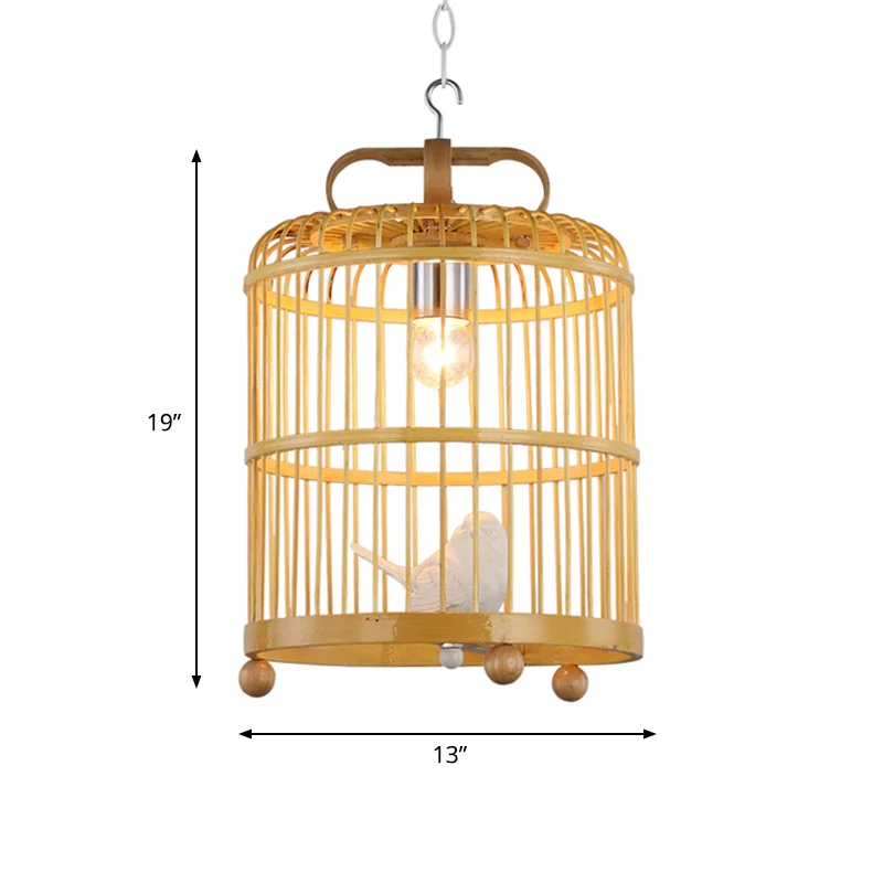 Bamboe Vogelkooi Schaduw Hanglamp met Vogelaccent Chinese Stijl 1 Kop Beige Hanglamp, 8"/10" Breedte Clearhalo