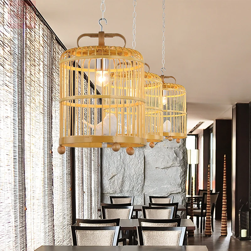 Bamboe Vogelkooi Schaduw Hanglamp met Vogelaccent Chinese Stijl 1 Kop Beige Hanglamp, 8"/10" Breedte Clearhalo