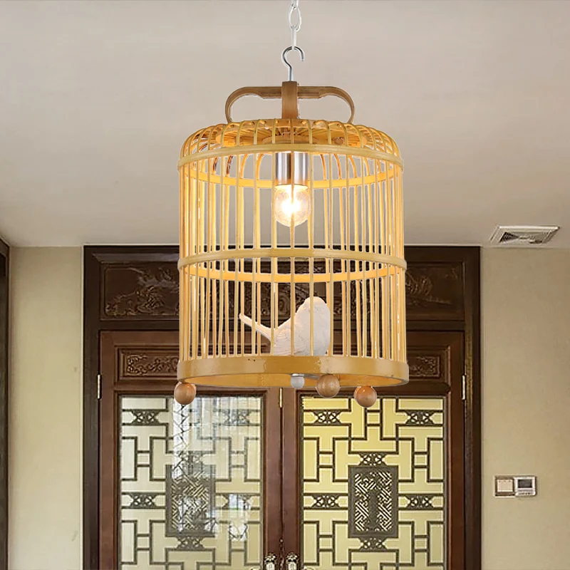 Bamboe Vogelkooi Schaduw Hanglamp met Vogelaccent Chinese Stijl 1 Kop Beige Hanglamp, 8"/10" Breedte Clearhalo
