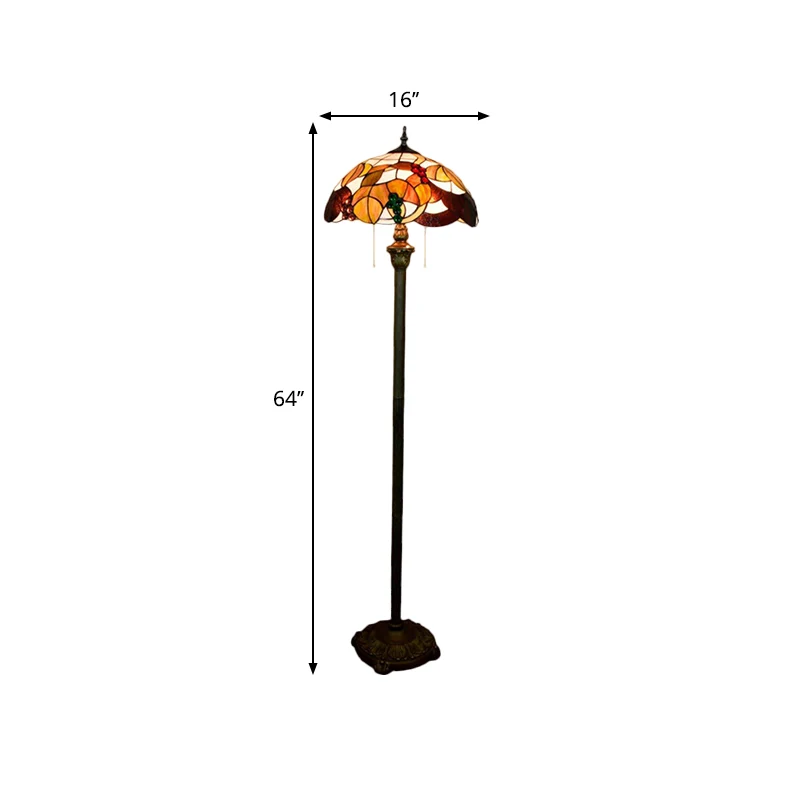 Barokke geschulpte vloerlamp, 2-lamps geslepen glas, staande lamp met blad- en druivenmotief, messing met trekketting Clea...
