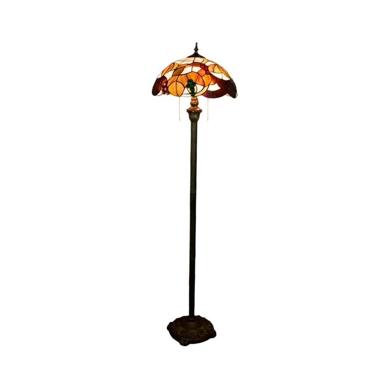 Barokke geschulpte vloerlamp, 2-lamps geslepen glas, staande lamp met blad- en druivenmotief, messing met trekketting Clea...