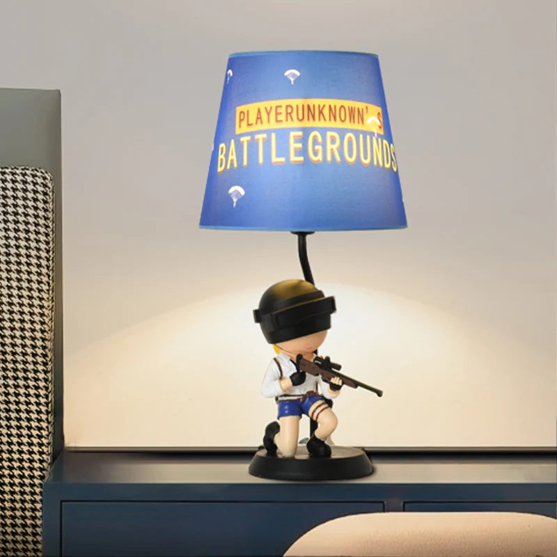 Barrel Nachtlampje Kinderstof 1 Kop Blauwe Tafellamp voor Slaapkamer met Hurkende/Staande Soldaat Decoratie Clearhalo