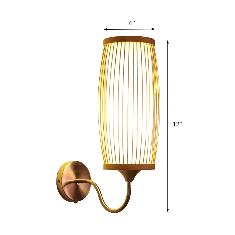 Barrel Sconce verlichtingsarmatuur Aziatische stijl bamboe enkele kop beige wandmontage lamp met binnenband perkament kap...