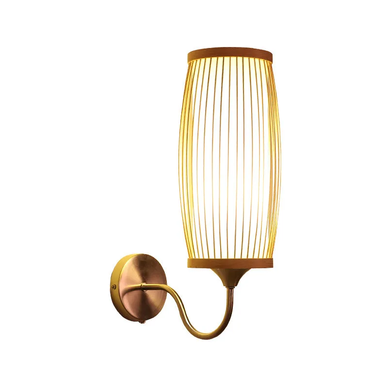 Barrel Sconce verlichtingsarmatuur Aziatische stijl bamboe enkele kop beige wandmontage lamp met binnenband perkament kap...