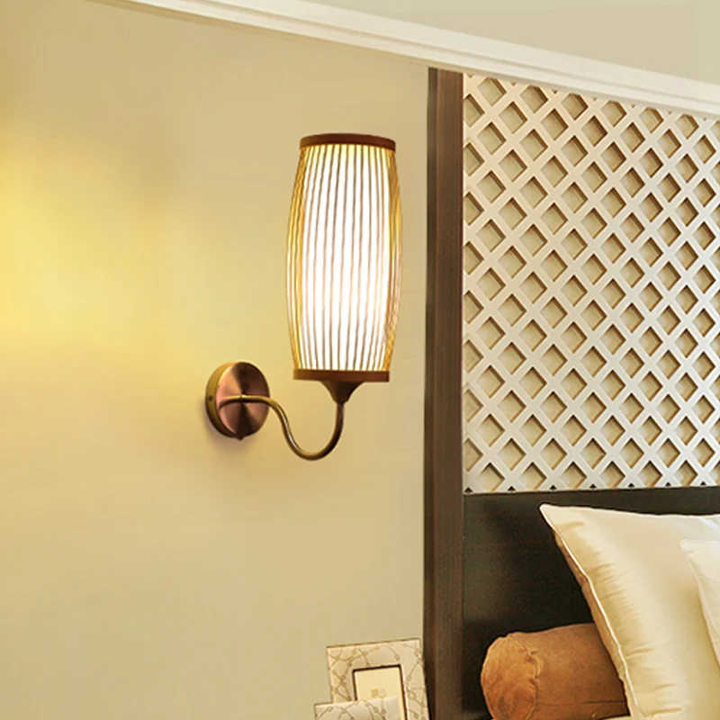 Barrel Sconce verlichtingsarmatuur Aziatische stijl bamboe enkele kop beige wandmontage lamp met binnenband perkament kap...