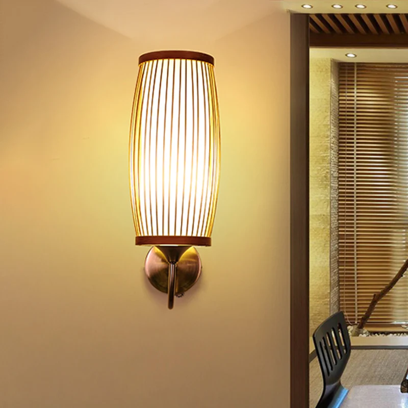 Barrel Sconce verlichtingsarmatuur Aziatische stijl bamboe enkele kop beige wandmontage lamp met binnenband perkament kap...