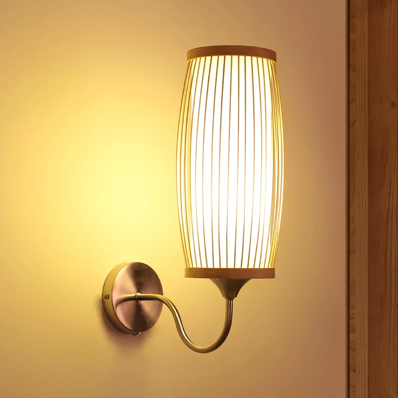 Barrel Sconce verlichtingsarmatuur Aziatische stijl bamboe enkele kop beige wandmontage lamp met binnenband perkament kap...