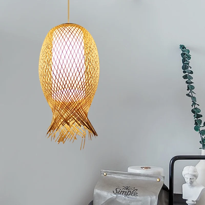 Barrel Suspension Hanglamp Retro Bamboe 1 Lamp Houten Hanglampset met Cilindrische Witte Binnenkap Clearhalo