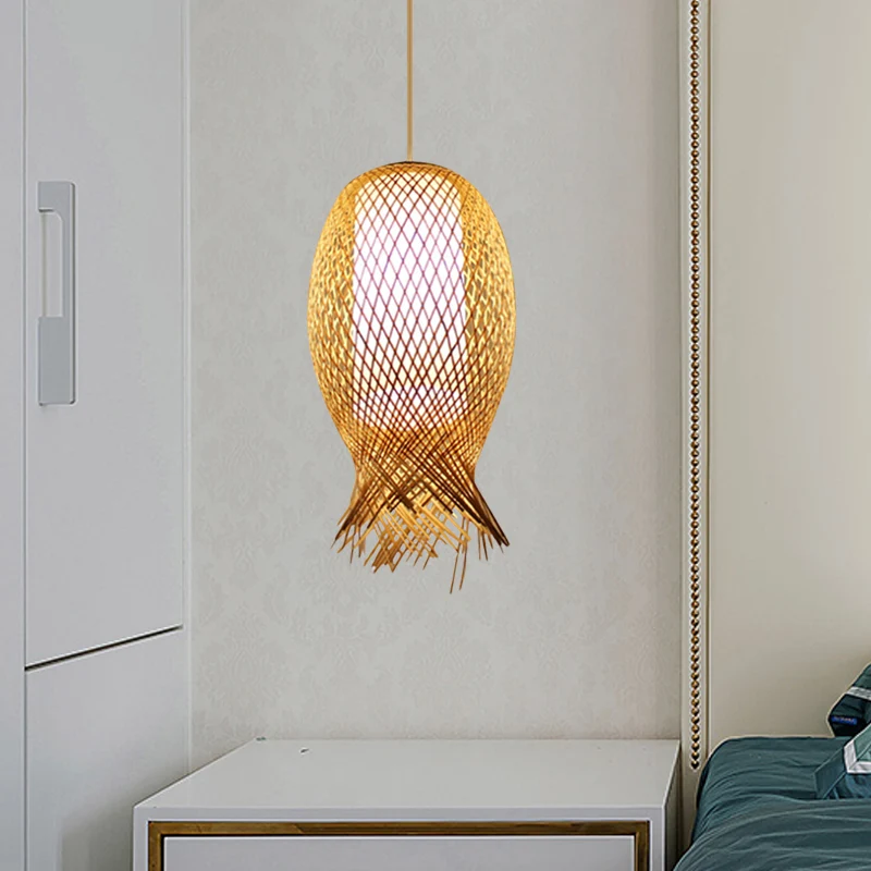 Barrel Suspension Hanglamp Retro Bamboe 1 Lamp Houten Hanglampset met Cilindrische Witte Binnenkap Clearhalo