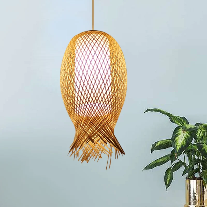 Barrel Suspension Hanglamp Retro Bamboe 1 Lamp Houten Hanglampset met Cilindrische Witte Binnenkap Clearhalo