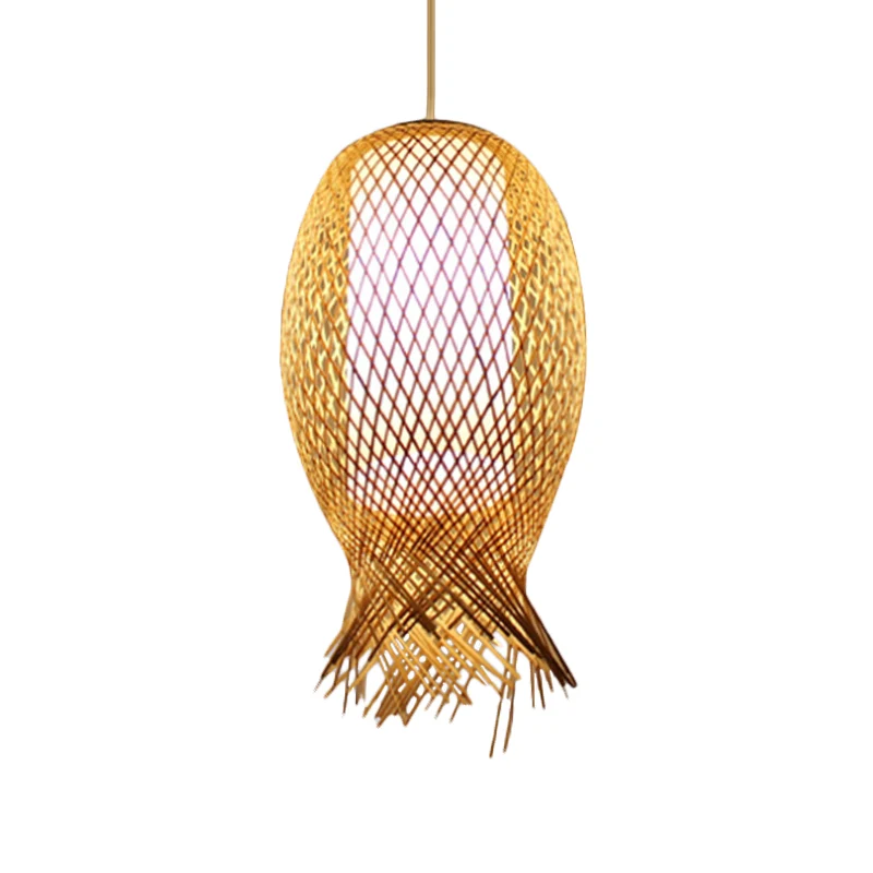 Barrel Suspension Hanglamp Retro Bamboe 1 Lamp Houten Hanglampset met Cilindrische Witte Binnenkap Clearhalo