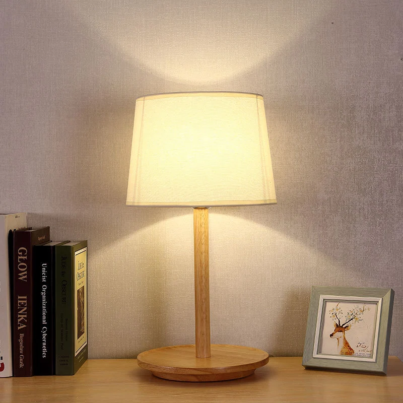 Barrel taaklamp modernistische stof 1 lamp witte tafellamp, ronde beige houten voet Clearhalo