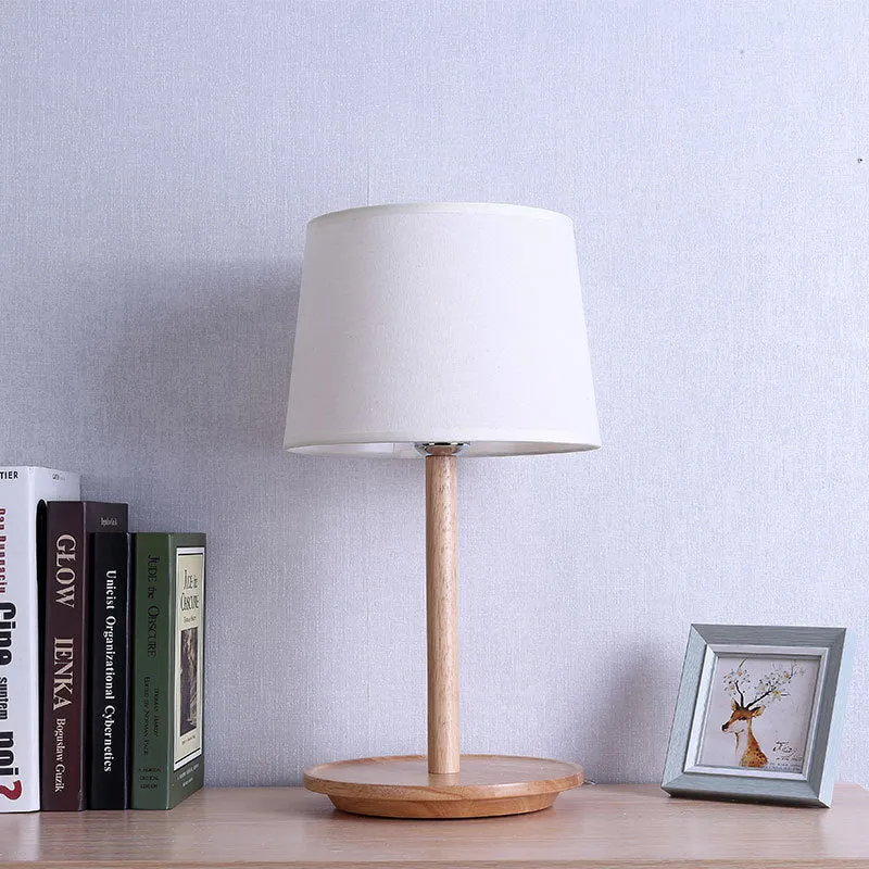 Barrel taaklamp modernistische stof 1 lamp witte tafellamp, ronde beige houten voet Clearhalo