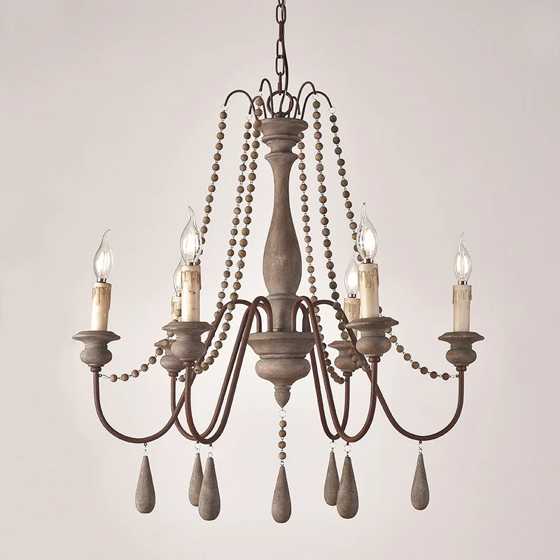 Bead Strand Hangende kroonluchter Platteland Verontruste houten hanglamp met kandelaarontwerp Clearhalo