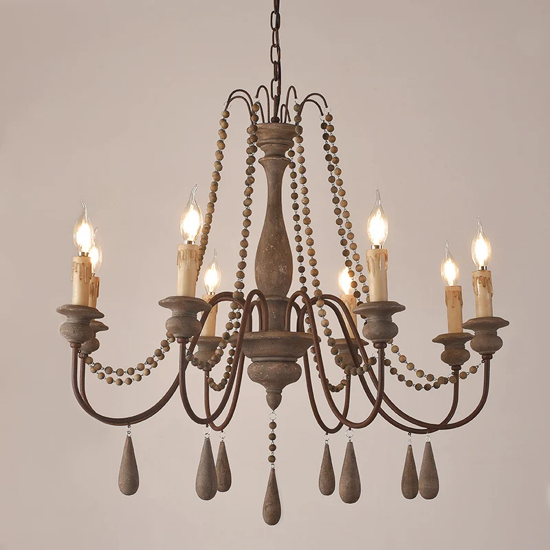 Bead Strand Hangende kroonluchter Platteland Verontruste houten hanglamp met kandelaarontwerp Clearhalo