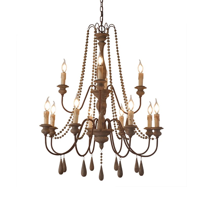 Bead Strand Hangende kroonluchter Platteland Verontruste houten hanglamp met kandelaarontwerp Clearhalo