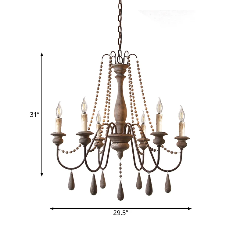 Bead Strand Hangende kroonluchter Platteland Verontruste houten hanglamp met kandelaarontwerp Clearhalo