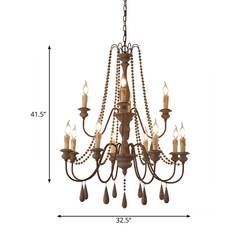 Bead Strand Hangende kroonluchter Platteland Verontruste houten hanglamp met kandelaarontwerp Clearhalo