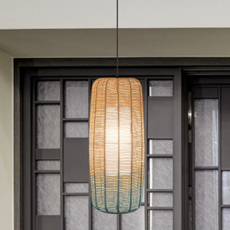 Beige en blauwe gebogen/langwerpige hanglamp eigentijds 1 licht henneptouw hanglamp voor restaurant, 6,5"/8,5"/14" breed C...
