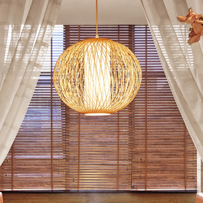 Beige bolvormige hanglamp Chinees, 1 lamp, bamboe hanglampset met witte cilindervormige stoffen kap aan de binnenkant Clea...