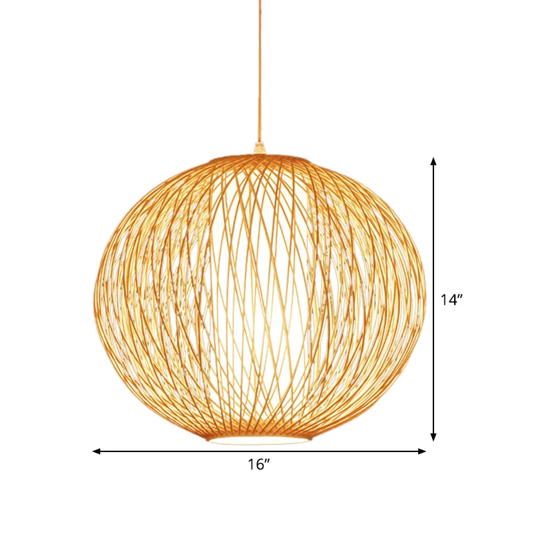Beige bolvormige hanglamp Chinees, 1 lamp, bamboe hanglampset met witte cilindervormige stoffen kap aan de binnenkant Clea...
