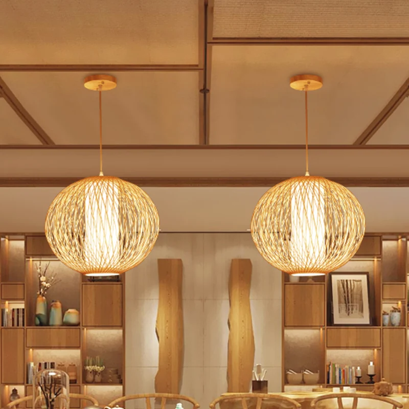 Beige bolvormige hanglamp Chinees, 1 lamp, bamboe hanglampset met witte cilindervormige stoffen kap aan de binnenkant Clea...