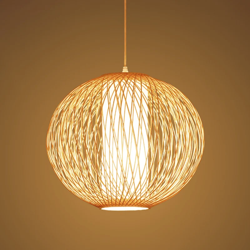 Beige bolvormige hanglamp Chinees, 1 lamp, bamboe hanglampset met witte cilindervormige stoffen kap aan de binnenkant Clea...