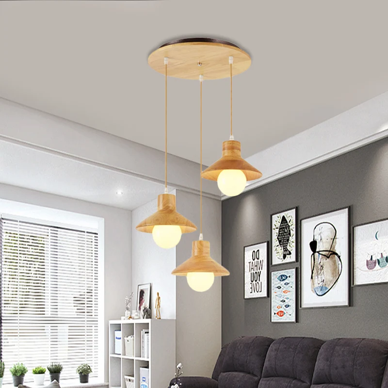 Beige Flare meervoudige hanglamp Nordic 3 lampen natuurlijk houten plafondhanger boven eettafel Clearhalo