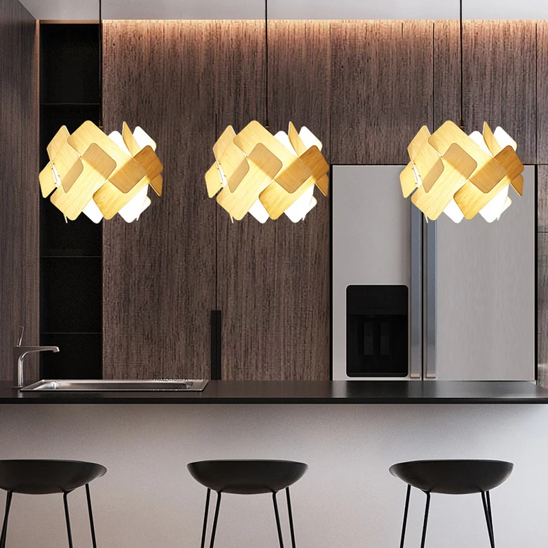 Beige gesplitste cirkel kroonluchter modernistische 3-kops houten hangende lamp boven eettafel Clearhalo