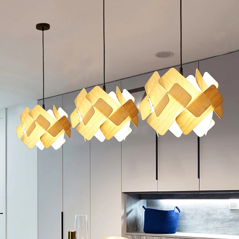 Beige gesplitste cirkel kroonluchter modernistische 3-kops houten hangende lamp boven eettafel Clearhalo