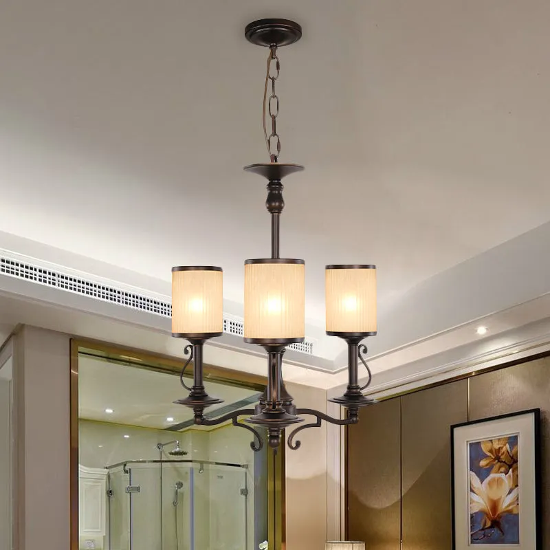 Beige glas zwarte kroonluchterlamp cilindrisch 3/6/8 hoofden traditionalisme hangende plafondlamp voor restaurant Clearhalo