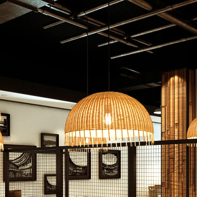 Beige handgeweven hanglamp met koepelvormige kap, moderne stijl, 12"/16" W, 1 kop rotan hanglamp Clearhalo