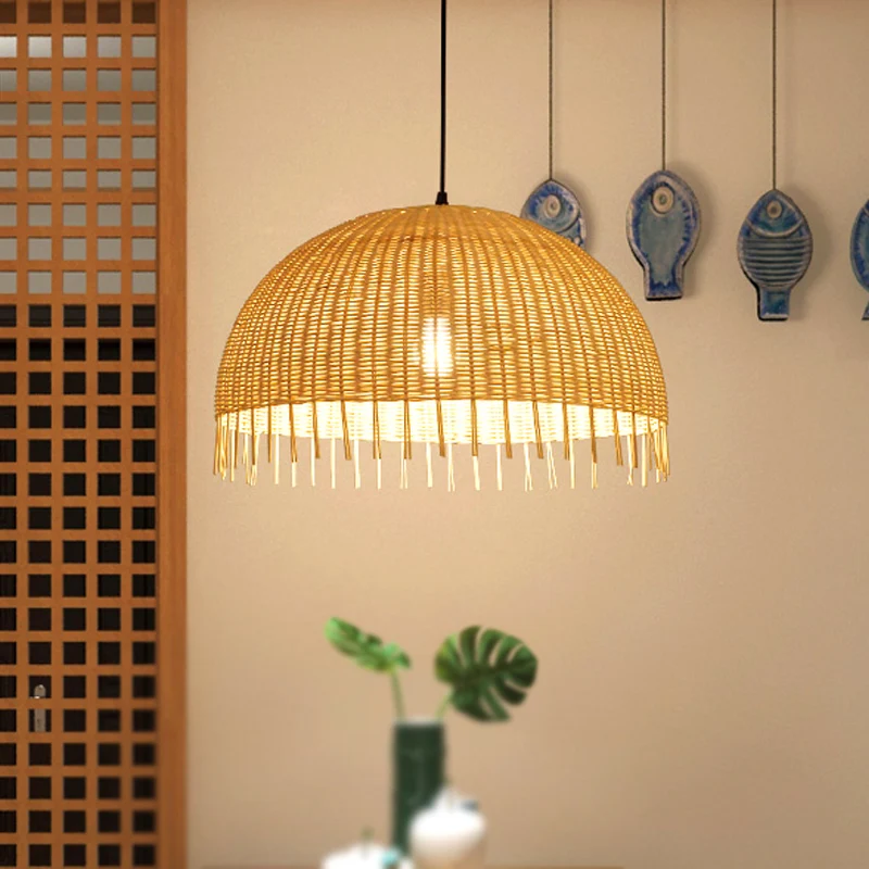 Beige handgeweven hanglamp met koepelvormige kap, moderne stijl, 12"/16" W, 1 kop rotan hanglamp Clearhalo