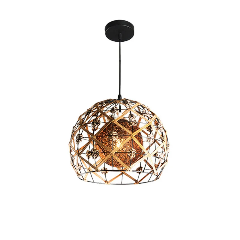 Beige hanglamp met draadframe, 1 lichts Aziatische stijl, metaal en touw, hanglamp voor cottage Clearhalo