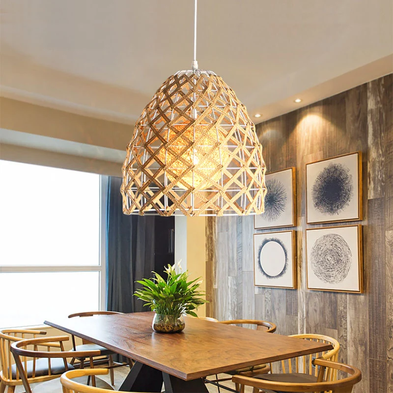 Beige hanglamp met draadframe, 1 lichts Aziatische stijl, metaal en touw, hanglamp voor cottage Clearhalo