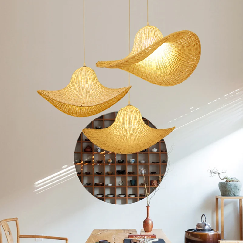 Beige kapvormige hanglamp Moderne 1-lichts bamboe plafondhanglamp voor eetkamer Clearhalo