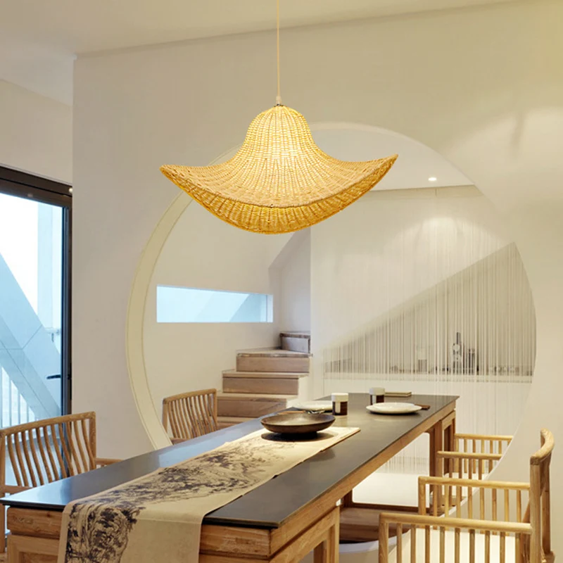 Beige kapvormige hanglamp Moderne 1-lichts bamboe plafondhanglamp voor eetkamer Clearhalo