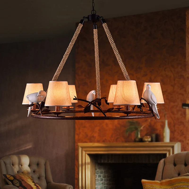 Beige kroonluchter met 6 lampen, traditionele stoffen wagenwiel-hanglamp met kegelvormige kap Clearhalo