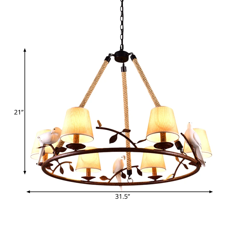 Beige kroonluchter met 6 lampen, traditionele stoffen wagenwiel-hanglamp met kegelvormige kap Clearhalo