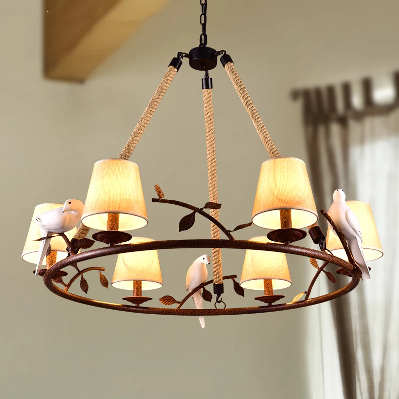 Beige kroonluchter met 6 lampen, traditionele stoffen wagenwiel-hanglamp met kegelvormige kap Clearhalo